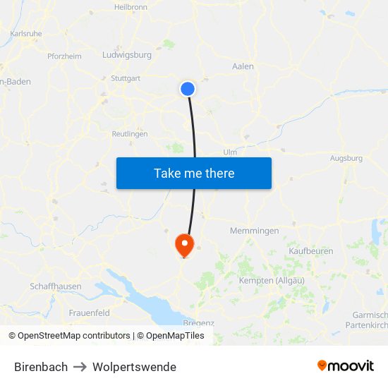 Birenbach to Wolpertswende map