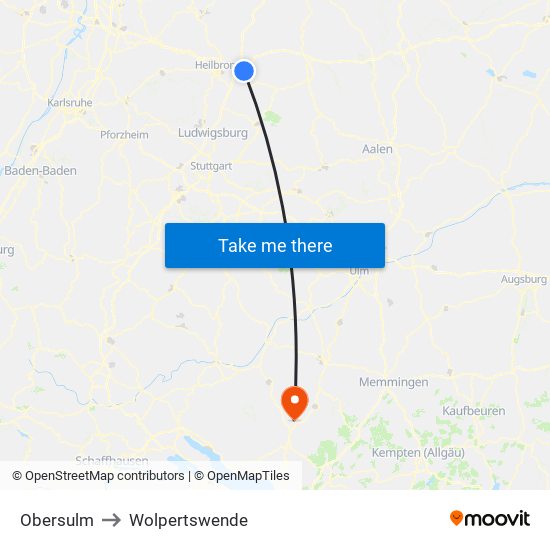 Obersulm to Wolpertswende map