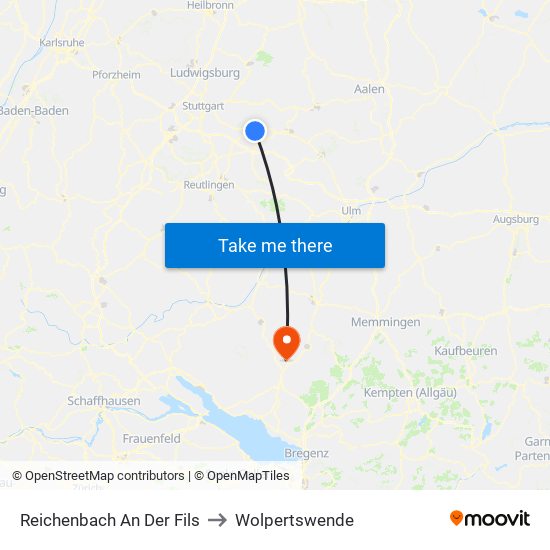 Reichenbach An Der Fils to Wolpertswende map