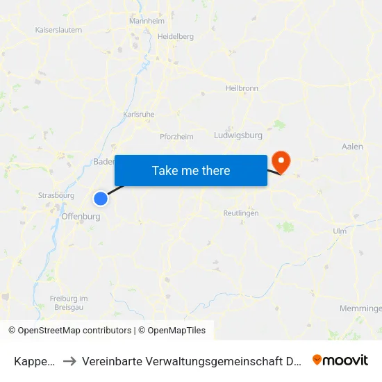 Kappelrodeck to Vereinbarte Verwaltungsgemeinschaft Der Stadt Ebersbach An Der Fils map