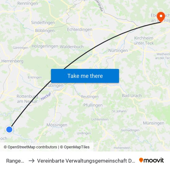 Rangendingen to Vereinbarte Verwaltungsgemeinschaft Der Stadt Ebersbach An Der Fils map
