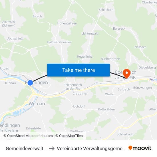 Gemeindeverwaltungsverband Plochingen to Vereinbarte Verwaltungsgemeinschaft Der Stadt Ebersbach An Der Fils map