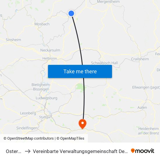 Osterburken to Vereinbarte Verwaltungsgemeinschaft Der Stadt Ebersbach An Der Fils map