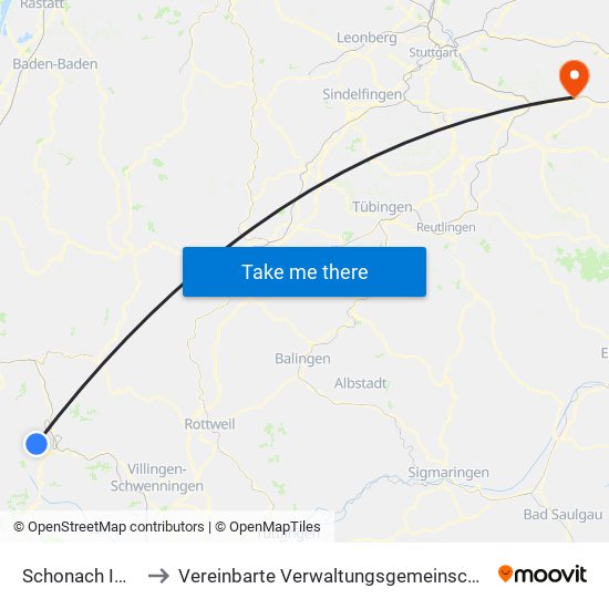 Schonach Im Schwarzwald to Vereinbarte Verwaltungsgemeinschaft Der Stadt Ebersbach An Der Fils map