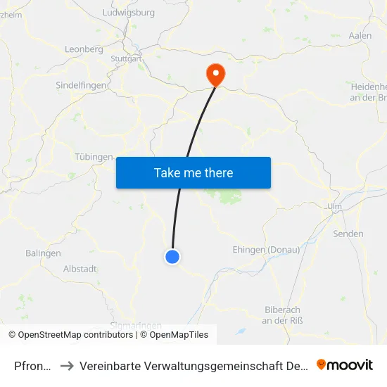 Pfronstetten to Vereinbarte Verwaltungsgemeinschaft Der Stadt Ebersbach An Der Fils map