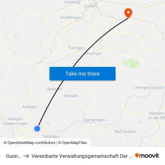 Gunningen to Vereinbarte Verwaltungsgemeinschaft Der Stadt Ebersbach An Der Fils map