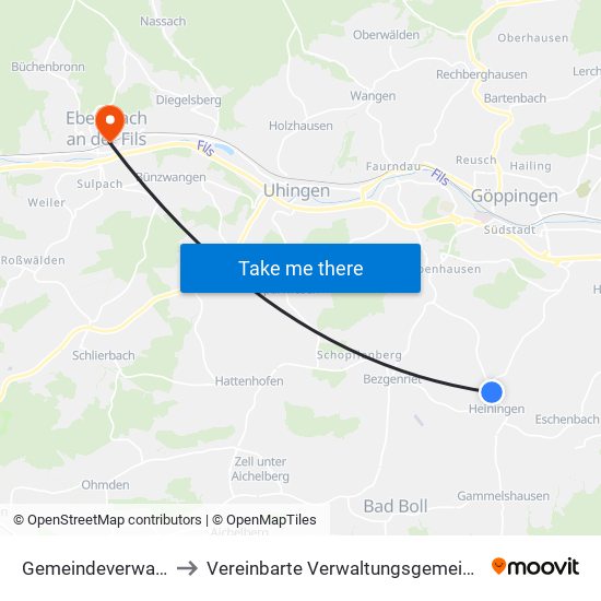 Gemeindeverwaltungsverband Voralb to Vereinbarte Verwaltungsgemeinschaft Der Stadt Ebersbach An Der Fils map