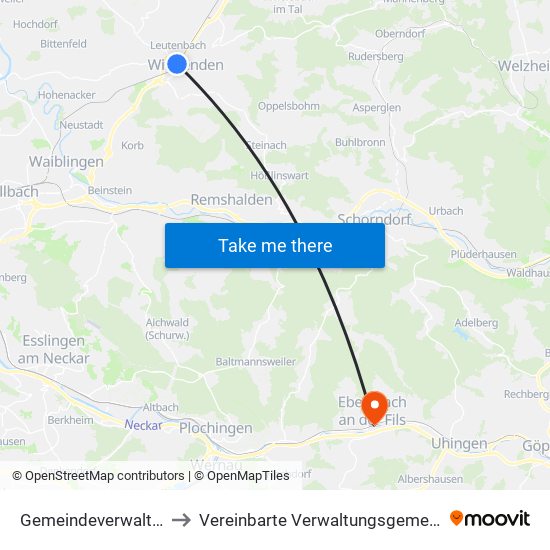Gemeindeverwaltungsverband Winnenden to Vereinbarte Verwaltungsgemeinschaft Der Stadt Ebersbach An Der Fils map