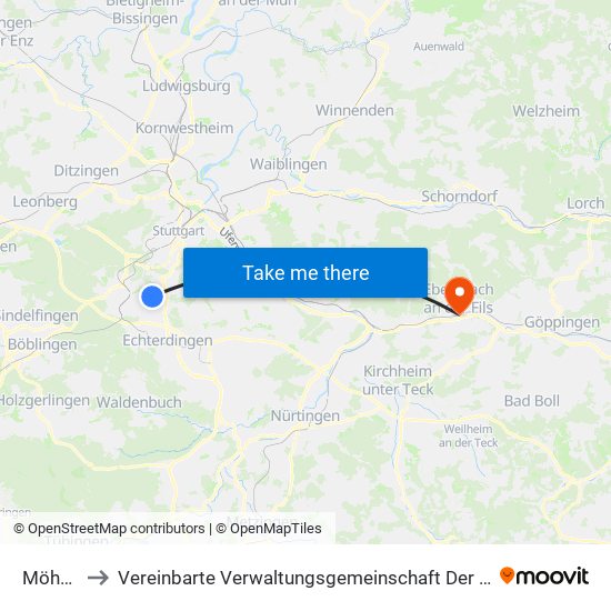 Möhringen to Vereinbarte Verwaltungsgemeinschaft Der Stadt Ebersbach An Der Fils map