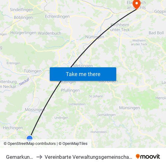 Gemarkung Jungingen to Vereinbarte Verwaltungsgemeinschaft Der Stadt Ebersbach An Der Fils map