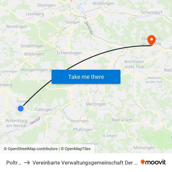 Poltringen to Vereinbarte Verwaltungsgemeinschaft Der Stadt Ebersbach An Der Fils map