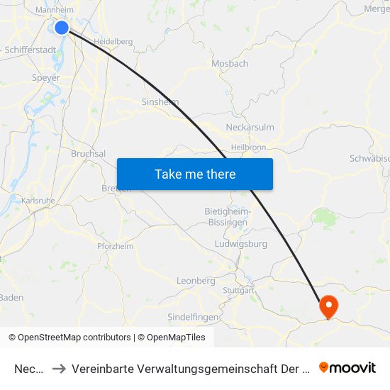 Neckarau to Vereinbarte Verwaltungsgemeinschaft Der Stadt Ebersbach An Der Fils map