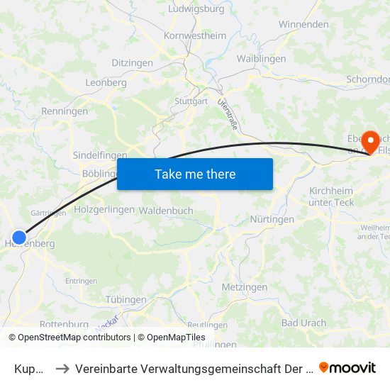 Kuppingen to Vereinbarte Verwaltungsgemeinschaft Der Stadt Ebersbach An Der Fils map