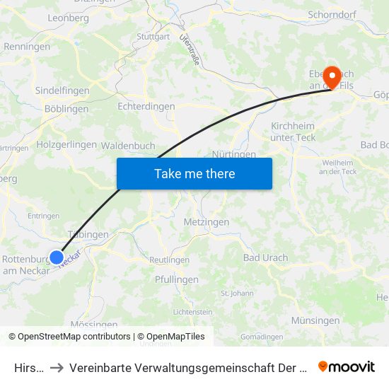 Hirschau to Vereinbarte Verwaltungsgemeinschaft Der Stadt Ebersbach An Der Fils map