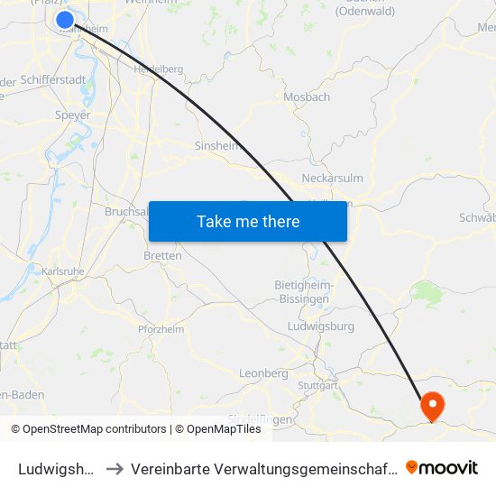 Ludwigshafen-Oppau to Vereinbarte Verwaltungsgemeinschaft Der Stadt Ebersbach An Der Fils map