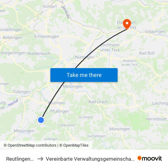 Reutlingen-Bronnweiler to Vereinbarte Verwaltungsgemeinschaft Der Stadt Ebersbach An Der Fils map