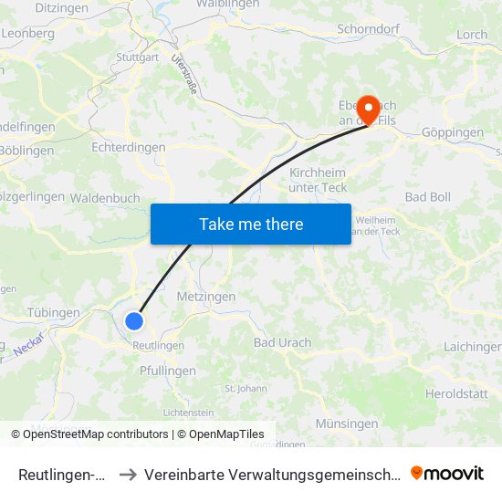 Reutlingen-Degerschlacht to Vereinbarte Verwaltungsgemeinschaft Der Stadt Ebersbach An Der Fils map