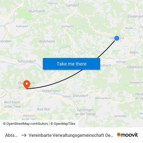 Abtsgmünd to Vereinbarte Verwaltungsgemeinschaft Der Stadt Ebersbach An Der Fils map