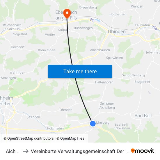 Aichelberg to Vereinbarte Verwaltungsgemeinschaft Der Stadt Ebersbach An Der Fils map