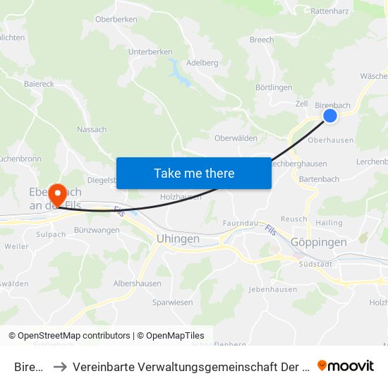 Birenbach to Vereinbarte Verwaltungsgemeinschaft Der Stadt Ebersbach An Der Fils map