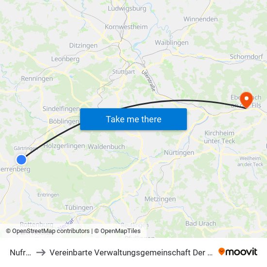 Nufringen to Vereinbarte Verwaltungsgemeinschaft Der Stadt Ebersbach An Der Fils map