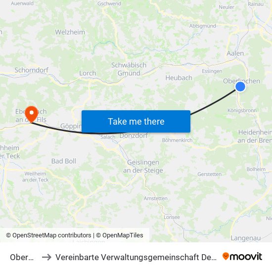 Oberkochen to Vereinbarte Verwaltungsgemeinschaft Der Stadt Ebersbach An Der Fils map