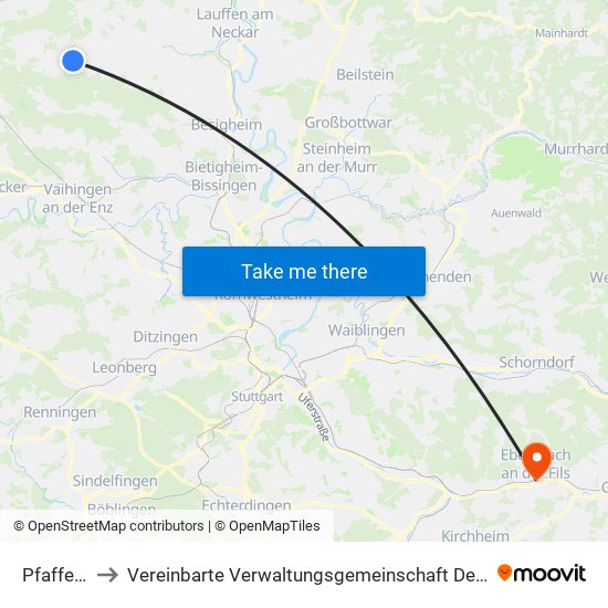 Pfaffenhofen to Vereinbarte Verwaltungsgemeinschaft Der Stadt Ebersbach An Der Fils map