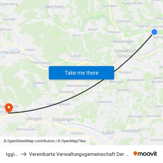 Iggingen to Vereinbarte Verwaltungsgemeinschaft Der Stadt Ebersbach An Der Fils map