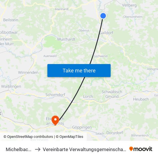 Michelbach An Der Bilz to Vereinbarte Verwaltungsgemeinschaft Der Stadt Ebersbach An Der Fils map