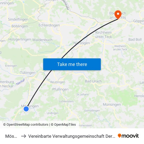 Mössingen to Vereinbarte Verwaltungsgemeinschaft Der Stadt Ebersbach An Der Fils map