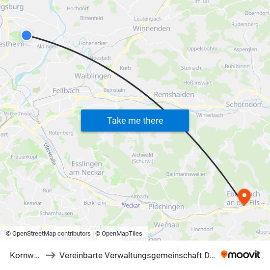 Kornwestheim to Vereinbarte Verwaltungsgemeinschaft Der Stadt Ebersbach An Der Fils map