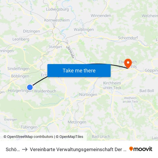 Schönaich to Vereinbarte Verwaltungsgemeinschaft Der Stadt Ebersbach An Der Fils map