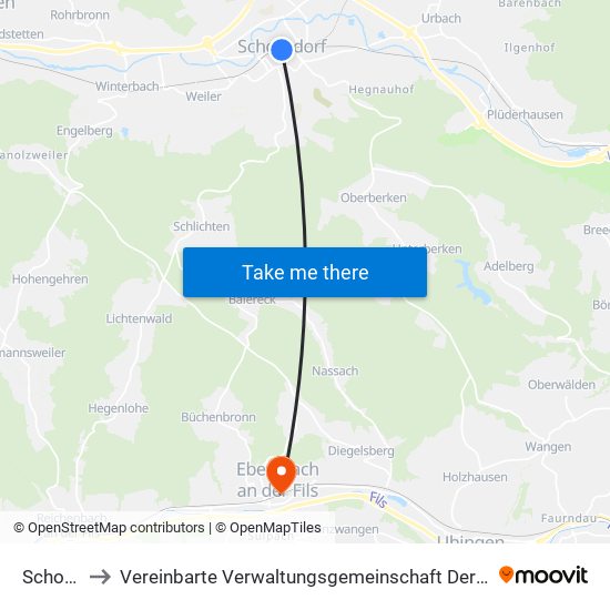 Schorndorf to Vereinbarte Verwaltungsgemeinschaft Der Stadt Ebersbach An Der Fils map