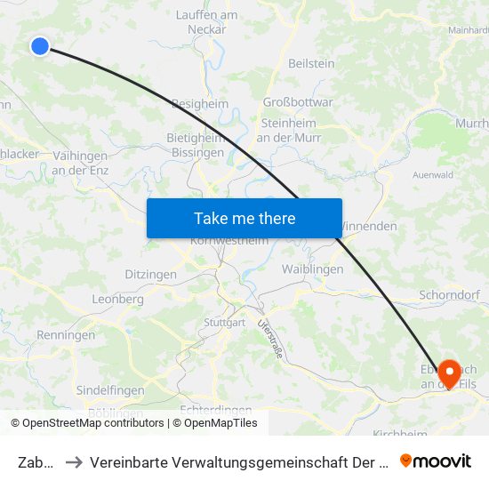 Zaberfeld to Vereinbarte Verwaltungsgemeinschaft Der Stadt Ebersbach An Der Fils map