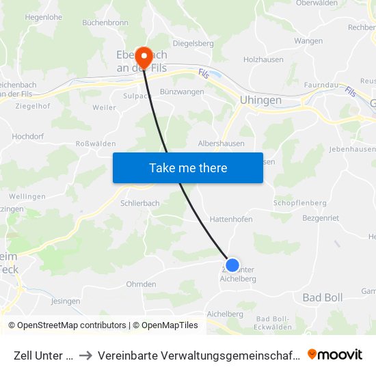 Zell Unter Aichelberg to Vereinbarte Verwaltungsgemeinschaft Der Stadt Ebersbach An Der Fils map