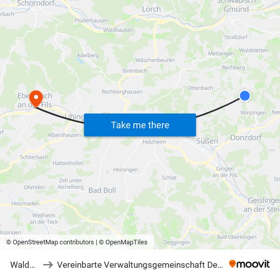 Waldstetten to Vereinbarte Verwaltungsgemeinschaft Der Stadt Ebersbach An Der Fils map