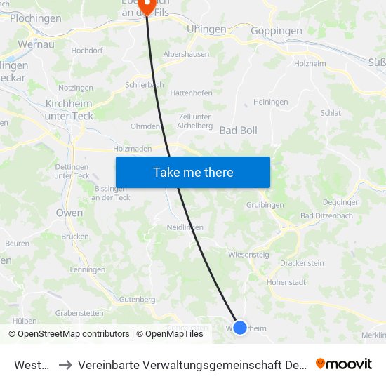 Westerheim to Vereinbarte Verwaltungsgemeinschaft Der Stadt Ebersbach An Der Fils map