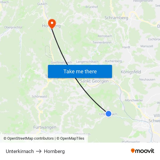 Unterkirnach to Hornberg map