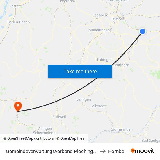 Gemeindeverwaltungsverband Plochingen to Hornberg map