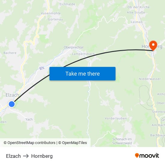 Elzach to Hornberg map