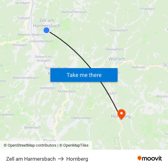 Zell am Harmersbach to Hornberg map