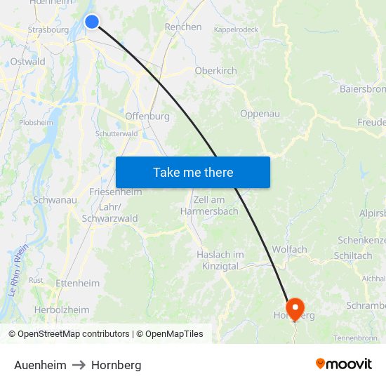 Auenheim to Hornberg map