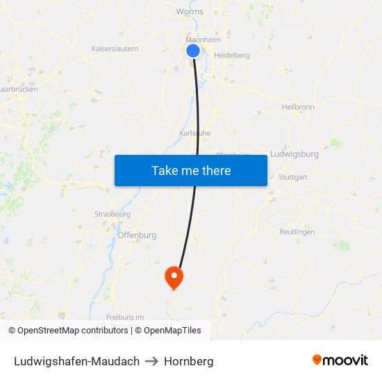 Ludwigshafen-Maudach to Hornberg map