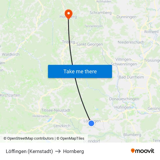 Löffingen (Kernstadt) to Hornberg map