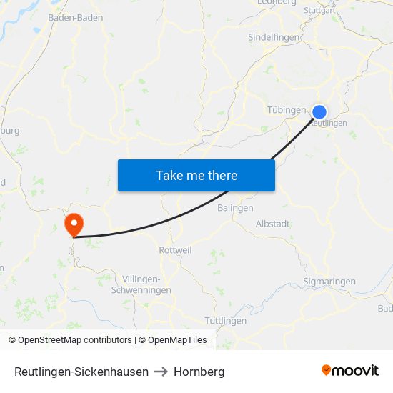 Reutlingen-Sickenhausen to Hornberg map