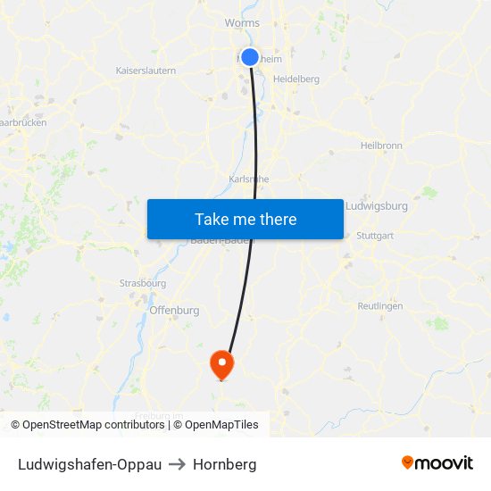 Ludwigshafen-Oppau to Hornberg map