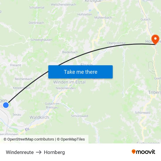 Windenreute to Hornberg map