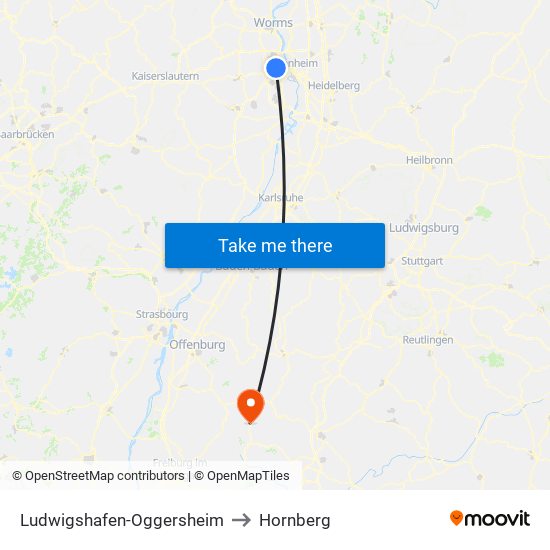 Ludwigshafen-Oggersheim to Hornberg map