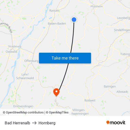 Bad Herrenalb to Hornberg map