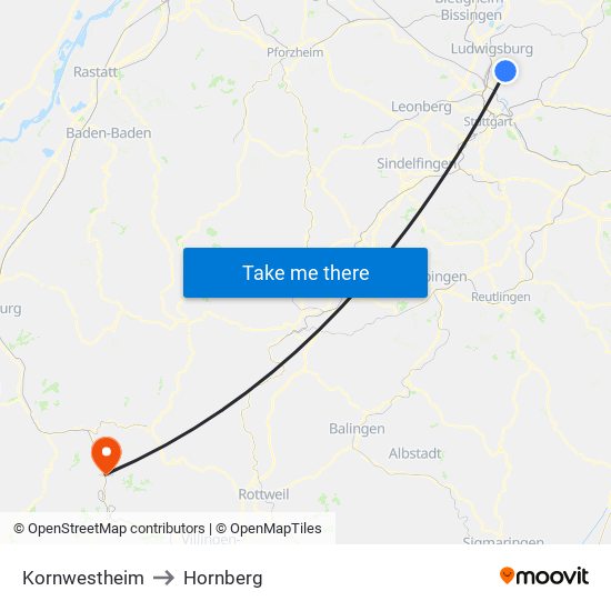 Kornwestheim to Hornberg map